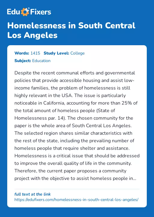 Homelessness in South Central Los Angeles - Essay Preview
