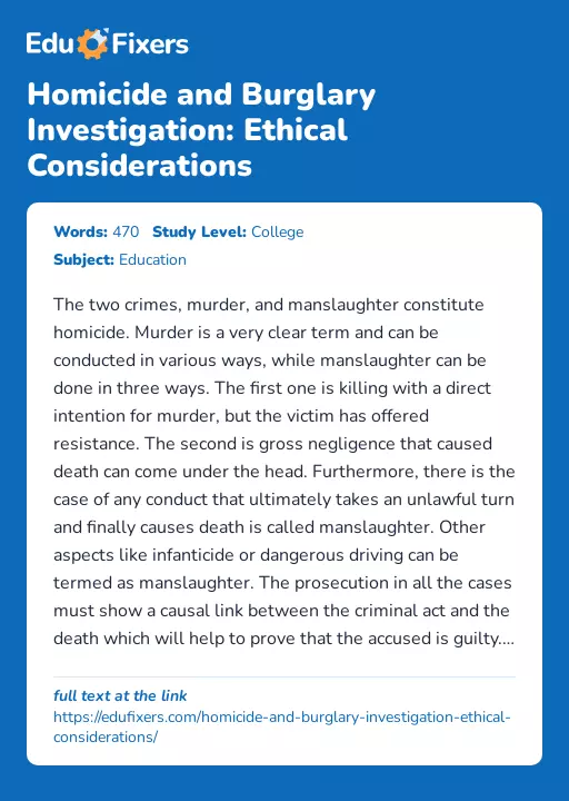 Homicide and Burglary Investigation: Ethical Considerations - Essay Preview