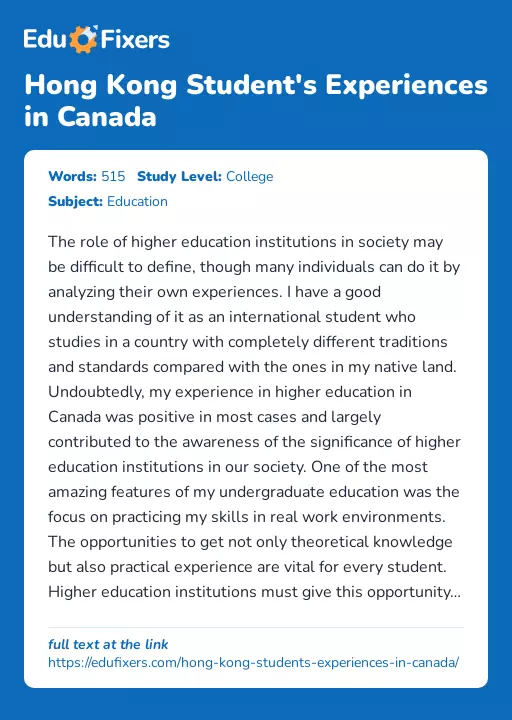 Hong Kong Student's Experiences in Canada - Essay Preview