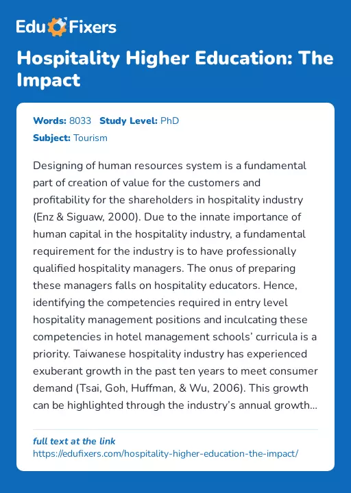 Hospitality Higher Education: The Impact - Essay Preview