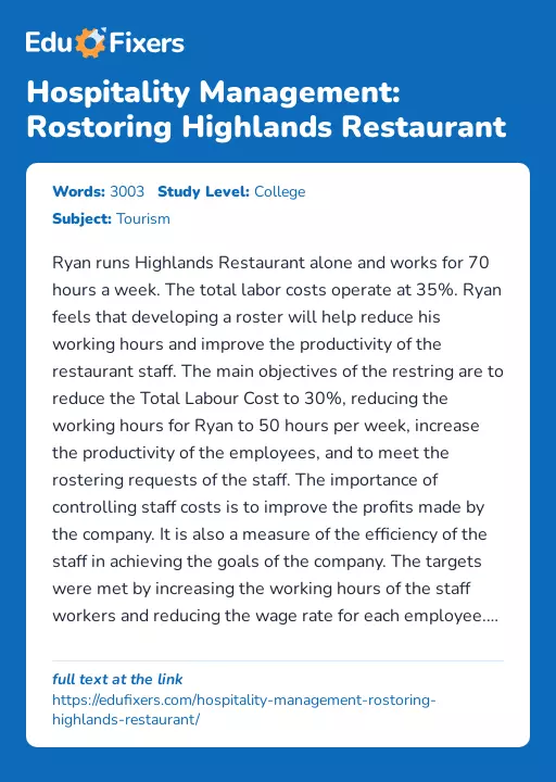 Hospitality Management: Rostoring Highlands Restaurant - Essay Preview