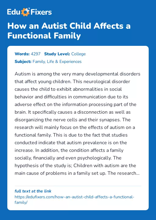 How an Autist Child Affects a Functional Family - Essay Preview