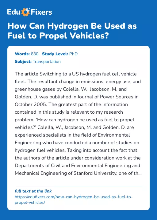 How Can Hydrogen Be Used as Fuel to Propel Vehicles? - Essay Preview