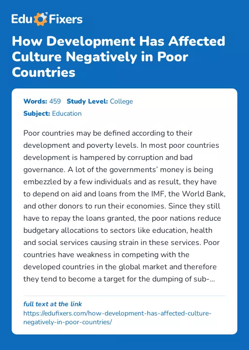 How Development Has Affected Culture Negatively in Poor Countries - Essay Preview
