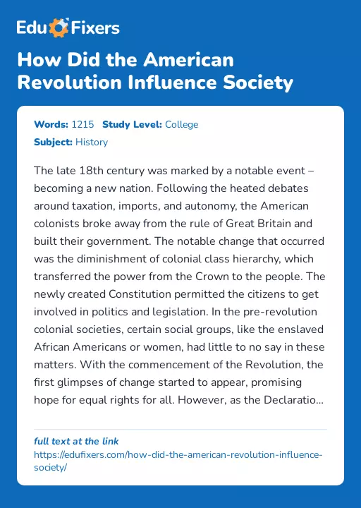 How Did the American Revolution Influence Society - Essay Preview
