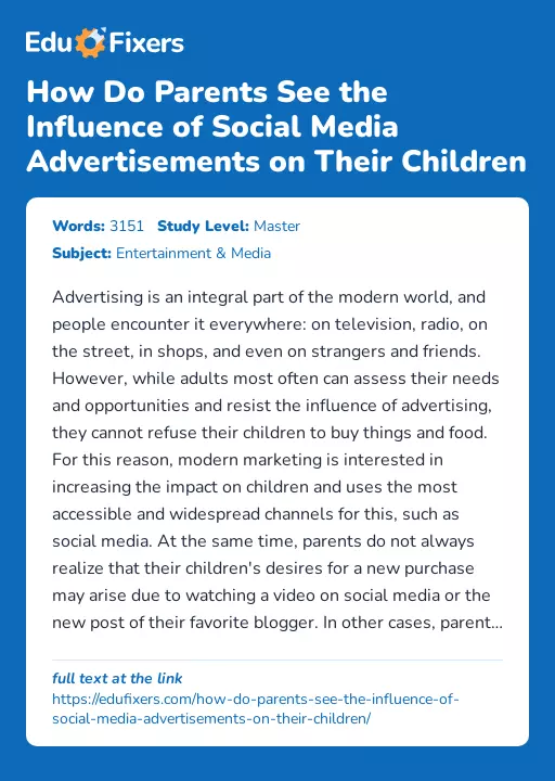 How Do Parents See the Influence of Social Media Advertisements on Their Children - Essay Preview