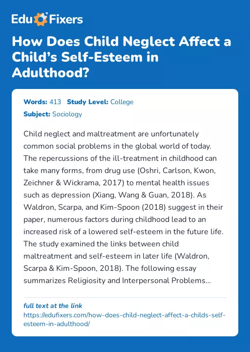 How Does Child Neglect Affect a Child’s Self-Esteem in Adulthood? - Essay Preview