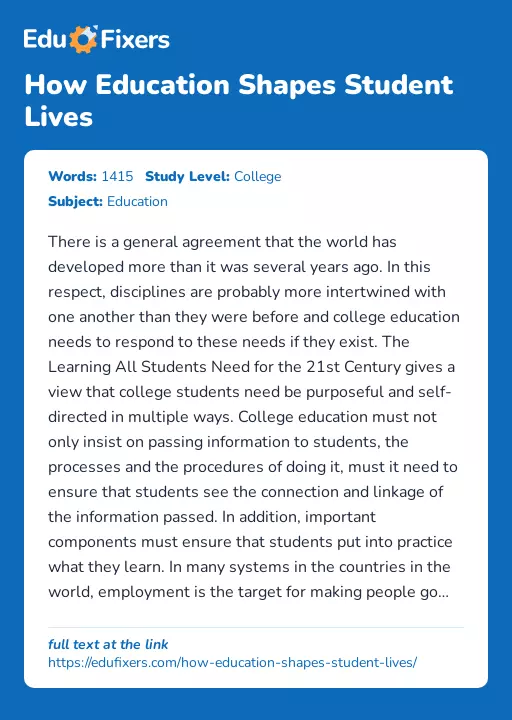 How Education Shapes Student Lives - Essay Preview