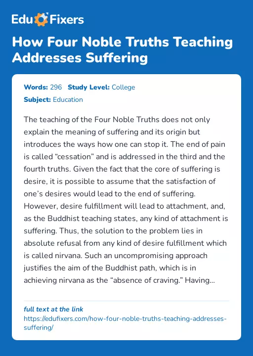 How Four Noble Truths Teaching Addresses Suffering - Essay Preview