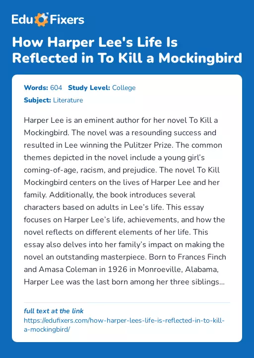 How Harper Lee's Life Is Reflected in To Kill a Mockingbird - Essay Preview
