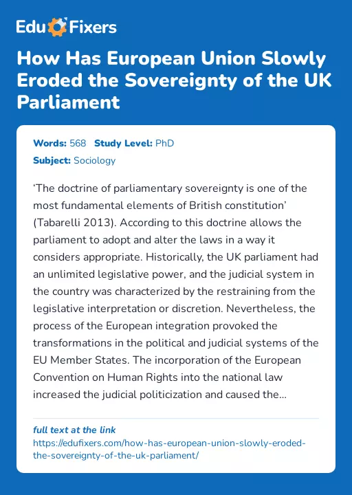 How Has European Union Slowly Eroded the Sovereignty of the UK Parliament - Essay Preview