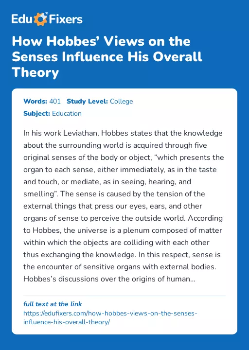 How Hobbes’ Views on the Senses Influence His Overall Theory - Essay Preview