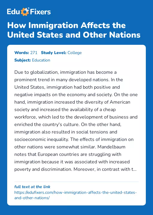 How Immigration Affects the United States and Other Nations - Essay Preview