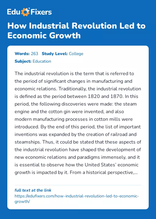 How Industrial Revolution Led to Economic Growth - Essay Preview