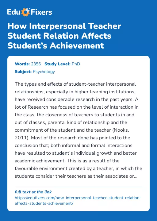 How Interpersonal Teacher Student Relation Affects Student’s Achievement - Essay Preview