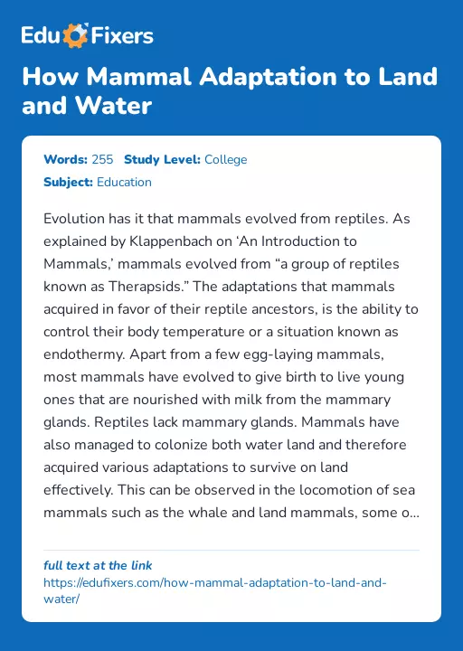 How Mammal Adaptation to Land and Water - Essay Preview