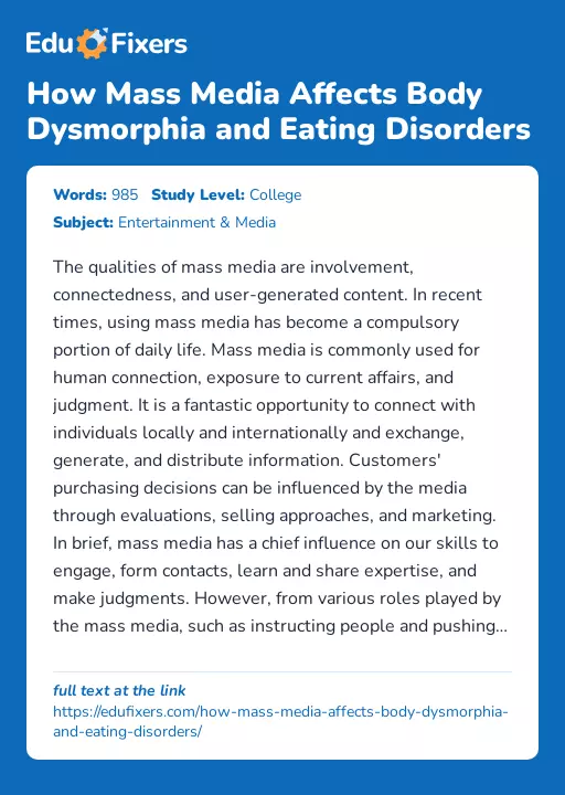 How Mass Media Affects Body Dysmorphia and Eating Disorders - Essay Preview