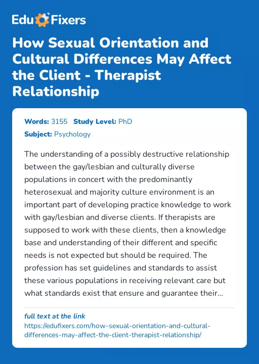 How Sexual Orientation and Cultural Differences May Affect the Client - Therapist Relationship - Essay Preview