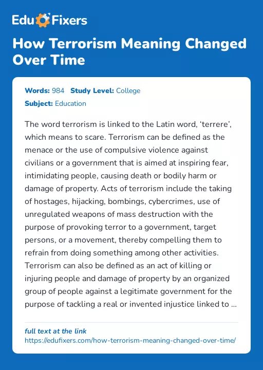 How Terrorism Meaning Changed Over Time - Essay Preview