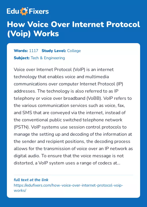 How Voice Over Internet Protocol (Voip) Works - Essay Preview