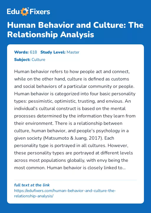Human Behavior and Culture: The Relationship Analysis - Essay Preview
