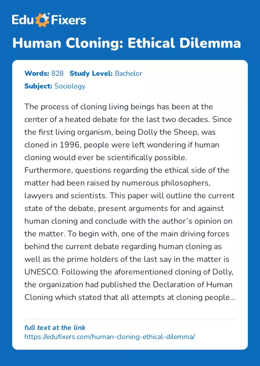 Human Cloning: Ethical Dilemma - Essay Preview