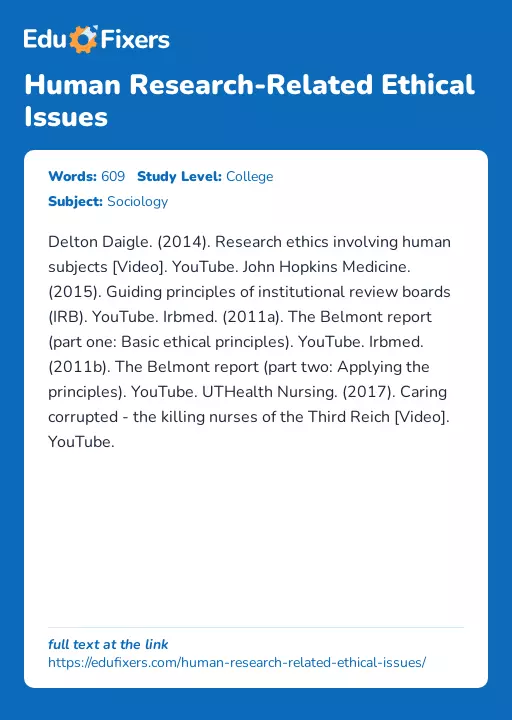 Human Research-Related Ethical Issues - Essay Preview