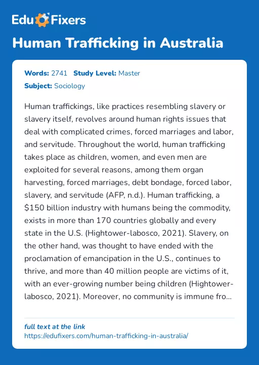 Human Trafficking in Australia - Essay Preview