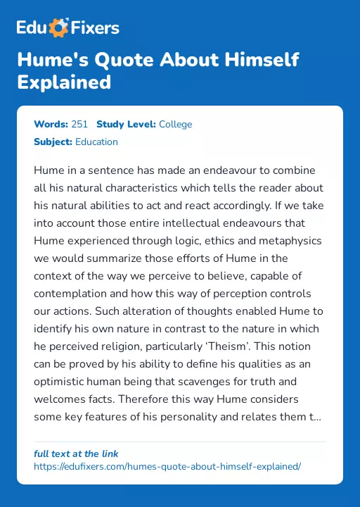 Hume's Quote About Himself Explained - Essay Preview