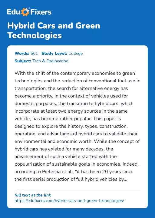 Hybrid Cars and Green Technologies - Essay Preview