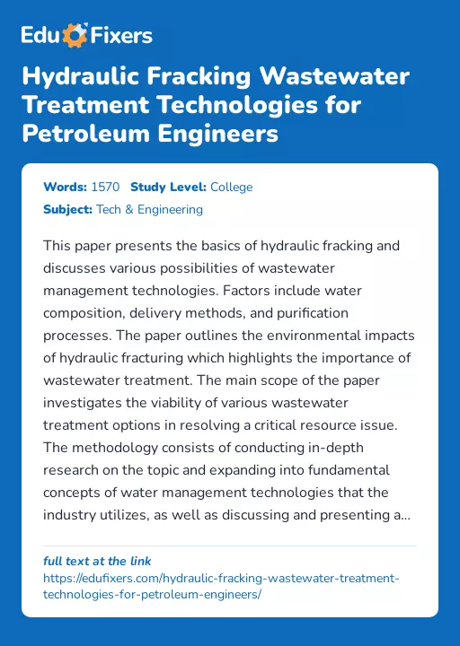 Hydraulic Fracking Wastewater Treatment Technologies for Petroleum Engineers - Essay Preview
