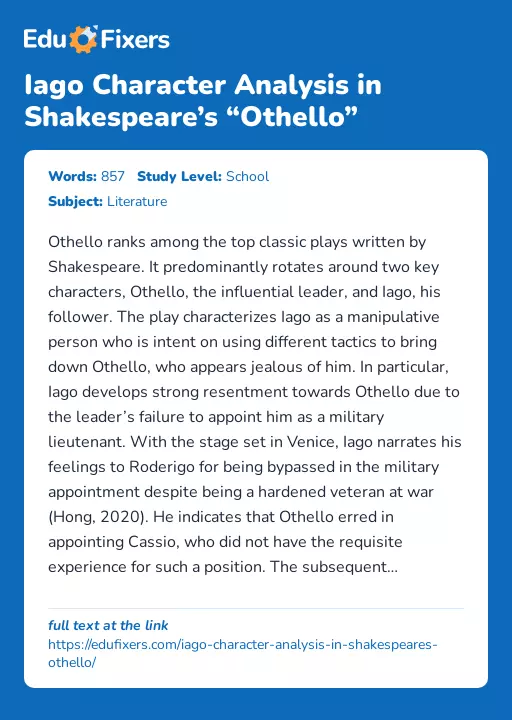 Iago Character Analysis in Shakespeare’s “Othello” - Essay Preview