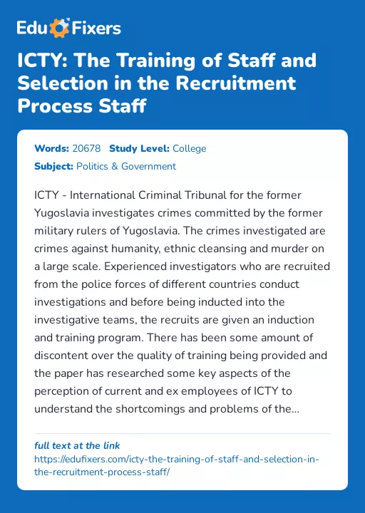 ICTY: The Training of Staff and Selection in the Recruitment Process Staff - Essay Preview
