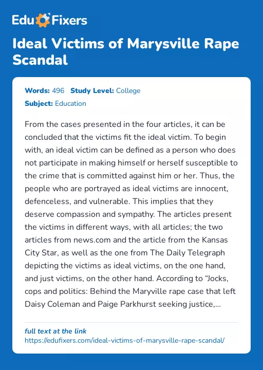 Ideal Victims of Marysville Rape Scandal - Essay Preview