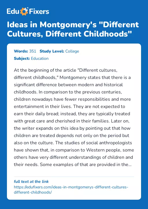 Ideas in Montgomery's "Different Cultures, Different Childhoods" - Essay Preview