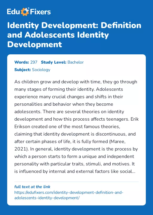 Identity Development: Definition and Adolescents Identity Development - Essay Preview