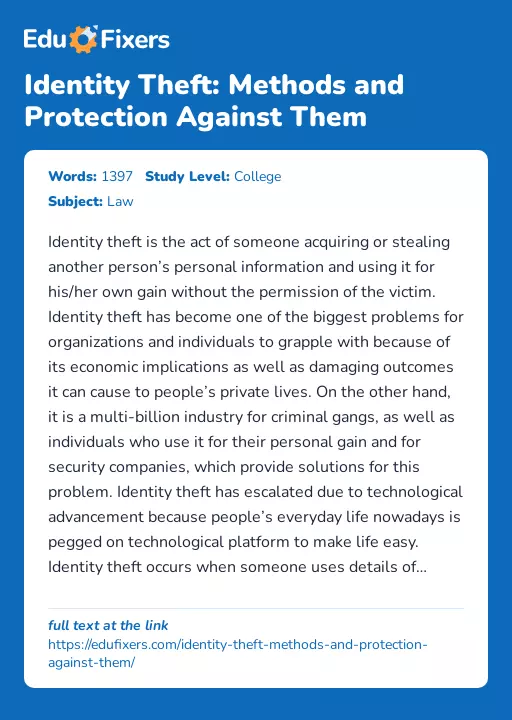 Identity Theft: Methods and Protection Against Them - Essay Preview