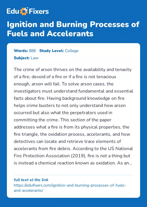 Ignition and Burning Processes of Fuels and Accelerants - Essay Preview