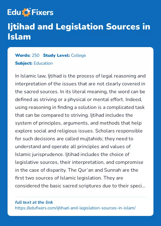 Ijtihad and Legislation Sources in Islam - Essay Preview