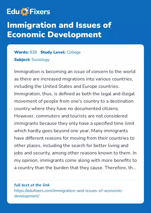 Immigration and Issues of Economic Development - Essay Preview