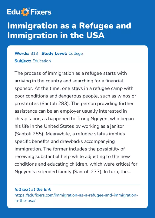 Immigration as a Refugee and Immigration in the USA - Essay Preview