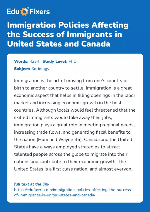 Immigration Policies Affecting the Success of Immigrants in United States and Canada - Essay Preview