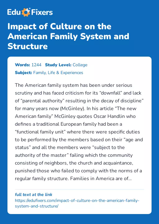 Impact of Culture on the American Family System and Structure - Essay Preview