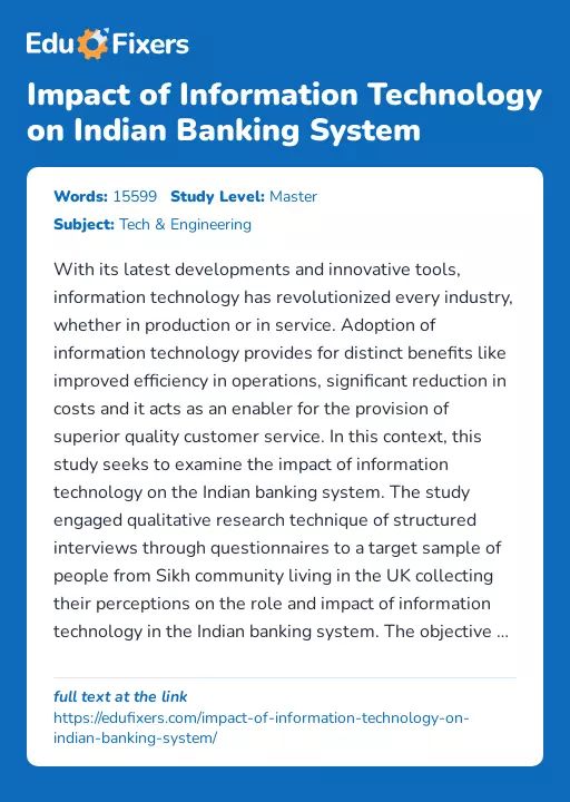 Impact of Information Technology on Indian Banking System - Essay Preview