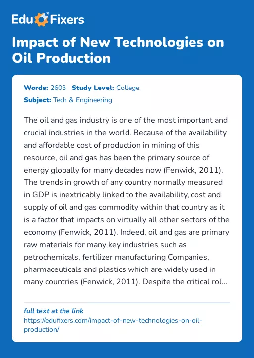 Impact of New Technologies on Oil Production - Essay Preview