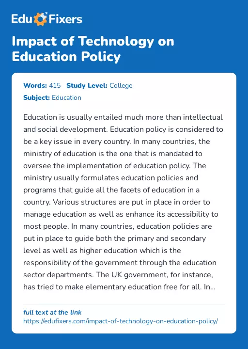 Impact of Technology on Education Policy - Essay Preview