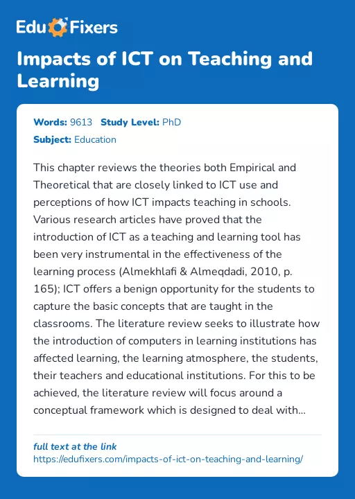 Impacts of ICT on Teaching and Learning - Essay Preview