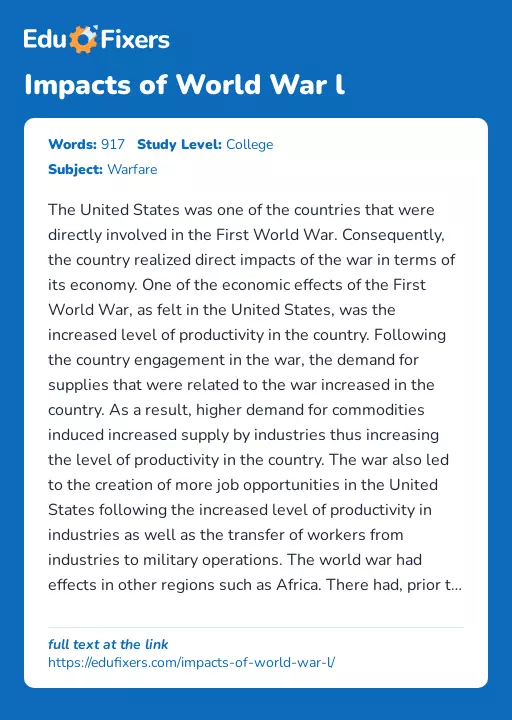 Impacts of World War l - Essay Preview