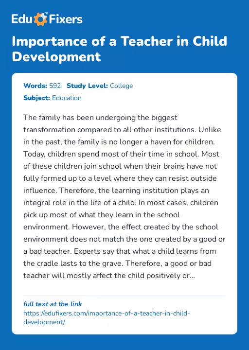 Importance of a Teacher in Child Development - Essay Preview