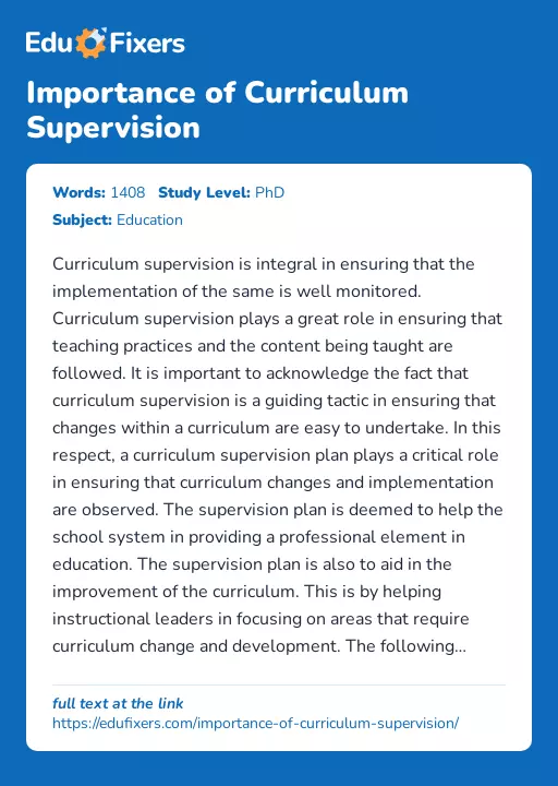 Importance of Curriculum Supervision - Essay Preview